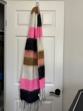 Striped Fringe Scarf in Pink, Black, White, Brown